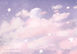 Dreamy Pastel Sky With Moon And Stars Digital Art Wallpaper HD wallpaper