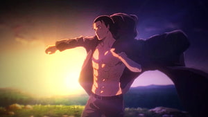 Levi Ackerman from Attack on Titan standing shirtless in a field at sunset with jacket blowing in wind, A Jacket Scene edit WORTHY OF CHADREN: yeagerbomb, eren jacket HD wallpaper