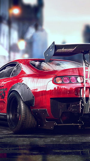 Red Toyota Supra Rear Quarter View With Carbon Fiber Wing and Widebody Kit HD phone wallpaper