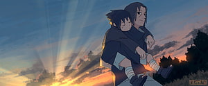 Itachi and Sasuke Uchiha Embrace at Sunset in Anime Style HD wallpaper