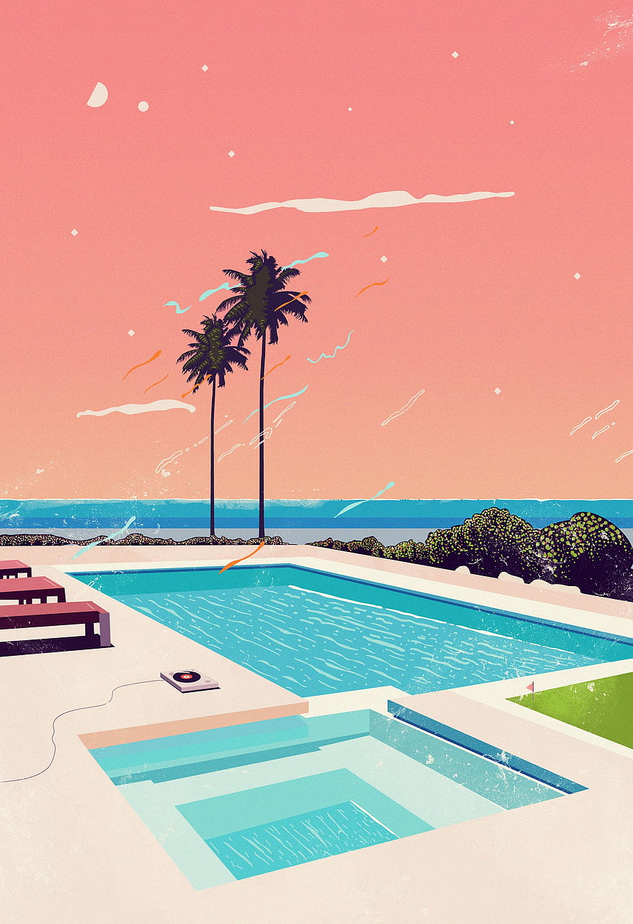 Retro Vaporwave Poolside Scene with Palm Trees and Turntable at Sunset HD phone wallpaper