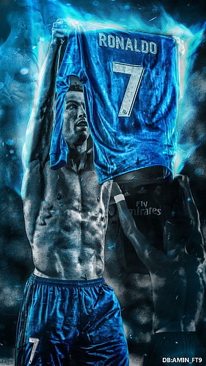 Cristiano Ronaldo holding Real Madrid jersey with blue fire effect HD phone wallpaper
