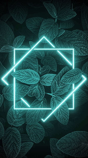 Neon Geometric Shapes Over Dark Green Leaves Abstract Nature Wallpaper HD phone wallpaper