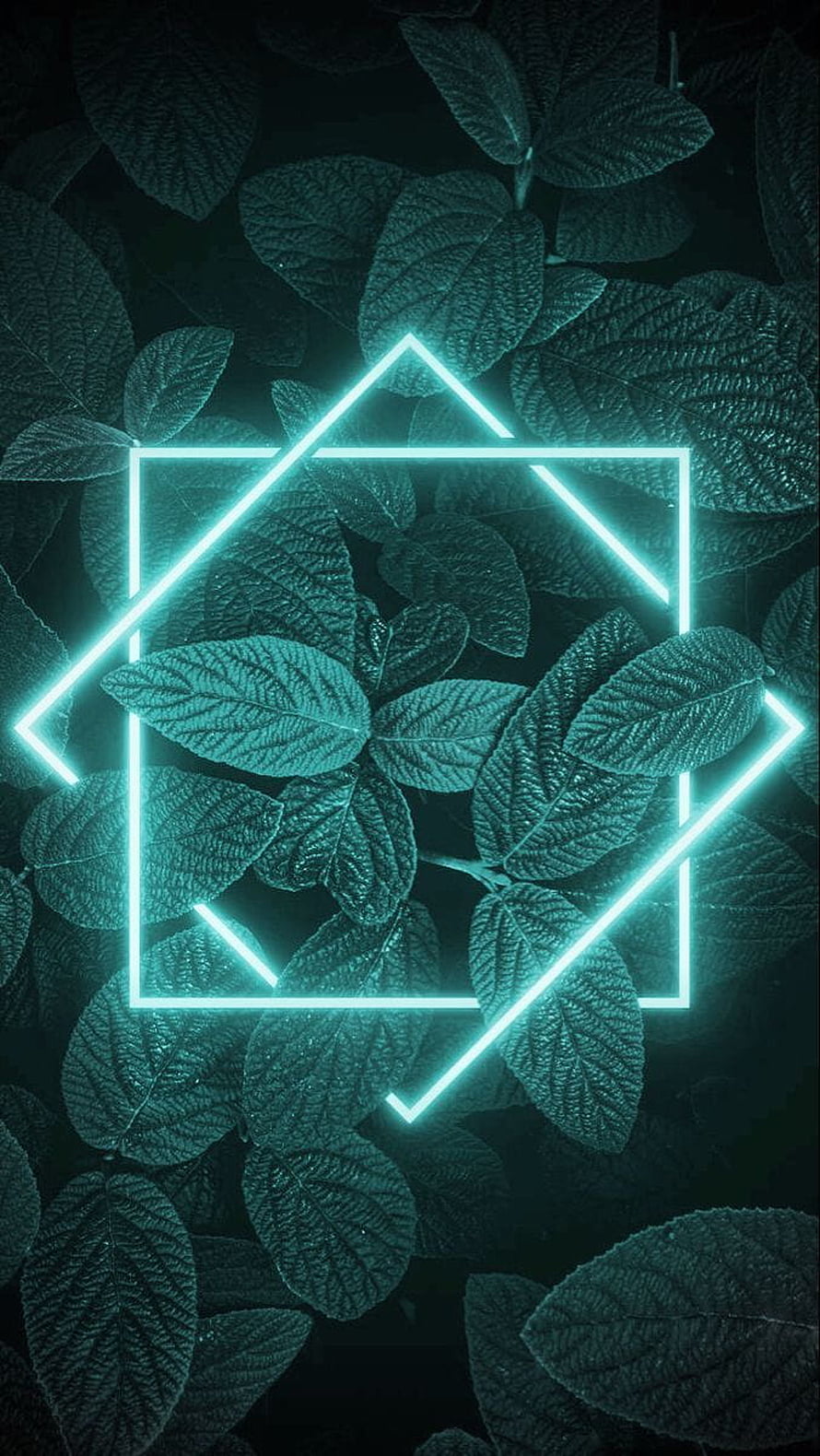 Neon Geometric Shapes Over Dark Green Leaves Abstract Nature Wallpaper HD phone wallpaper