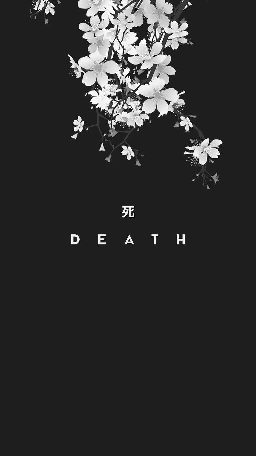 Minimalist Black and White Cherry Blossom Branch with Death Text HD phone wallpaper