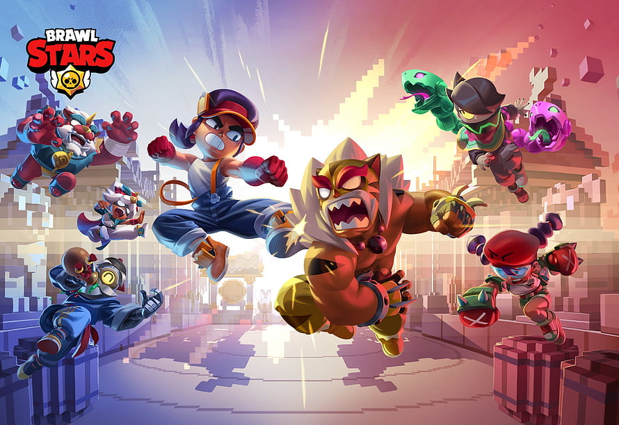 Brawl Stars Character Lineup Artwork with Dynamic Action Poses and Vibrant Colors HD wallpaper