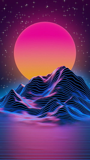 Retro Synthwave Landscape with Neon Mountains and Gradient Sun HD phone wallpaper