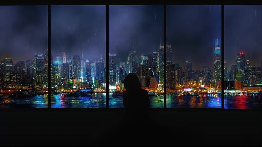 Silhouette Gazing at Rainy City Skyline Through Large Windows at Night HD wallpaper