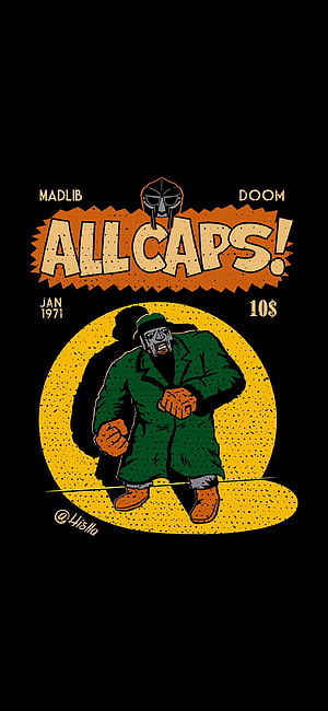 MF DOOM and Madlib All Caps Illustrated Poster with Green Coat and Metal Mask HD phone wallpaper