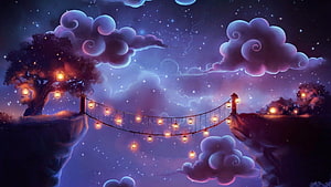 Magical Night Sky with Glowing Lantern Bridge and Floating Clouds Fantasy Illustration HD wallpaper