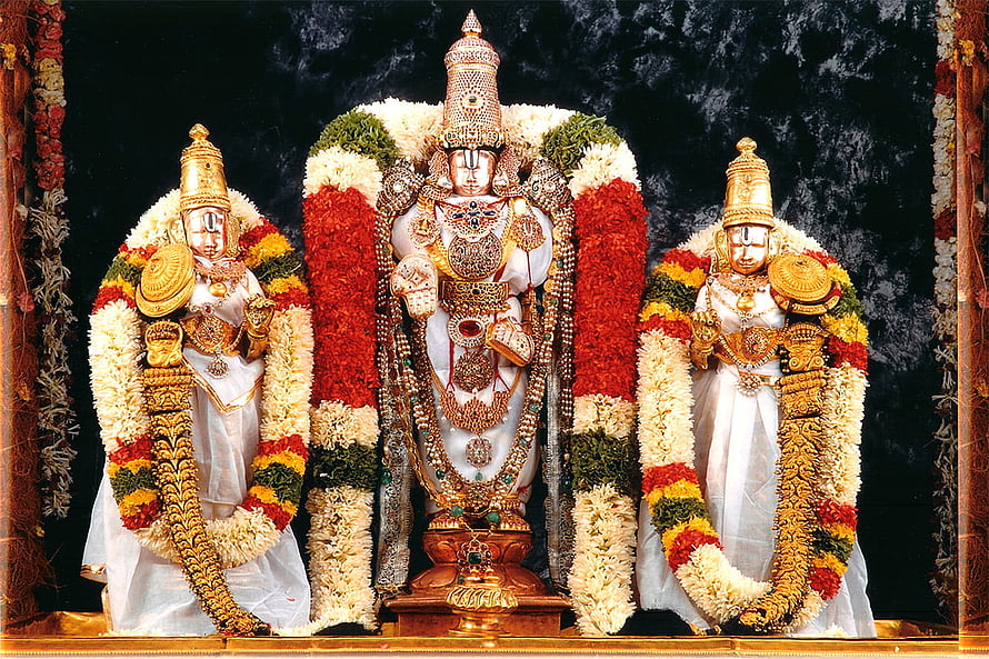Lord Venkateswara Temple Deity Adorned With Gold Jewelry And Flower Garlands HD wallpaper