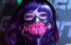 Anime Girl With Cyberpunk Skull Mask And Glowing Pink Teeth HD wallpaper