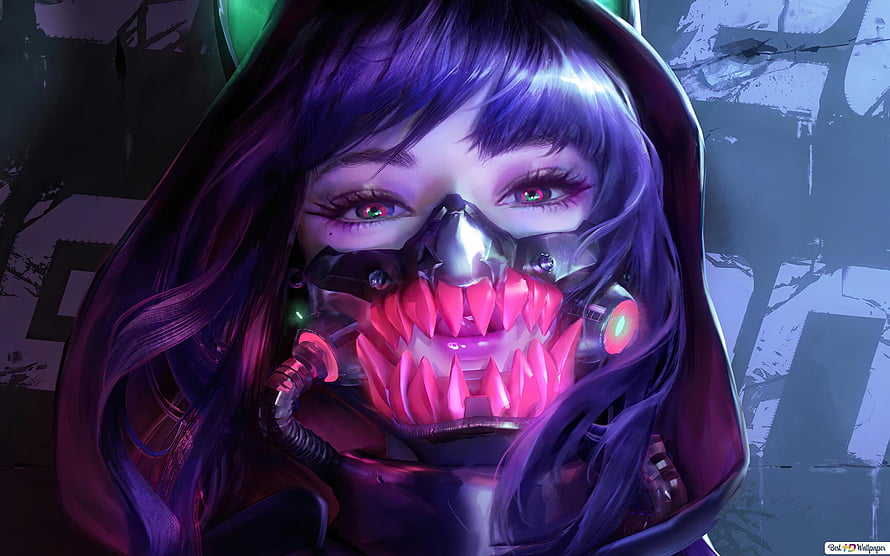 Anime Girl With Cyberpunk Skull Mask And Glowing Pink Teeth HD wallpaper