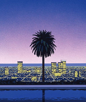 Retro Synthwave Palm Tree Silhouette Over Neon Cityscape at Dusk HD phone wallpaper