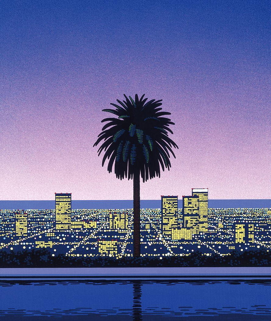 Retro Synthwave Palm Tree Silhouette Over Neon Cityscape at Dusk HD phone wallpaper