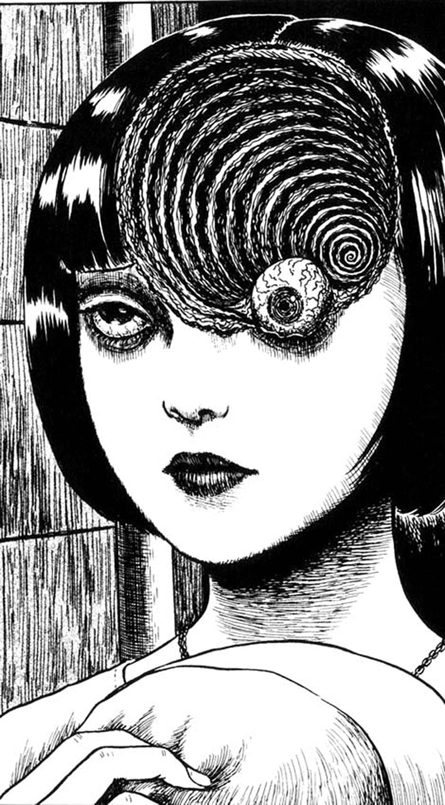 Uzumaki by Junji Ito: Black and White Horror Manga Illustration of a Girl with a Spiral Eye HD phone wallpaper