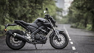 Black Yamaha MT-15 Motorcycle Parked on a Scenic Forest Road HD wallpaper