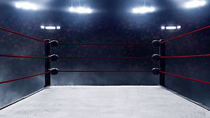 Empty Boxing Ring Under Bright Arena Spotlights With Red Ropes And Dark Crowd HD wallpaper