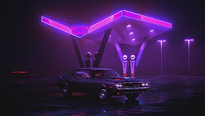 Classic American Muscle Car Parked at a Retro Neon Gas Station at Night HD wallpaper