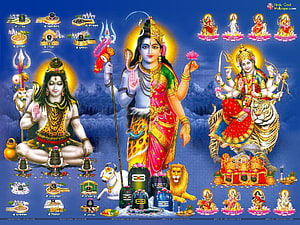 Hindu Trinity Shiva Vishnu and Goddess Durga with Shiva Lingams and Temples HD wallpaper