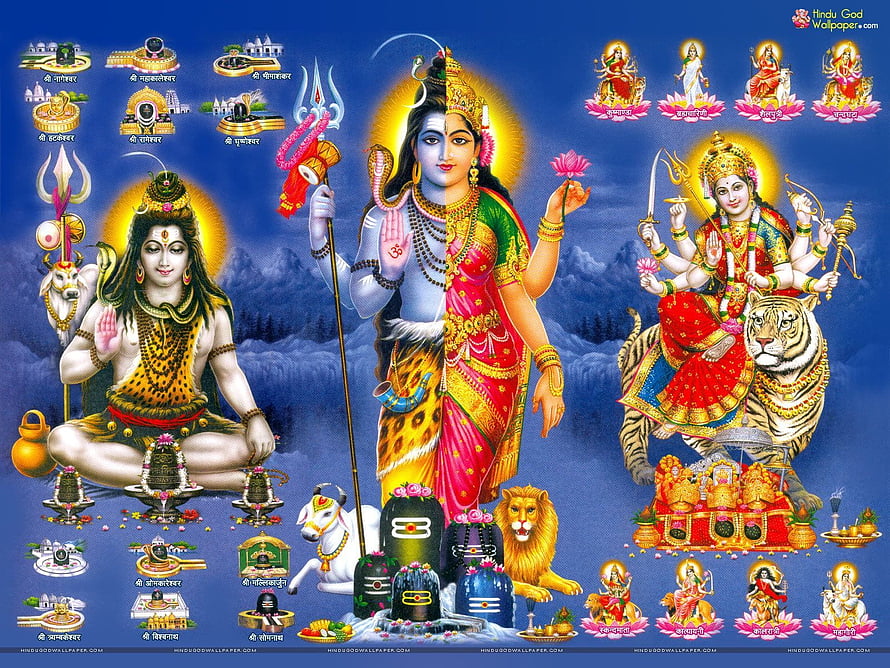 Hindu Trinity Shiva Vishnu and Goddess Durga with Shiva Lingams and Temples HD wallpaper