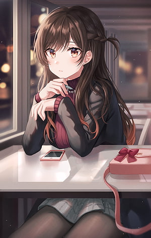 Mizuhara Chizuru Anime Girl Sitting at Desk with Phone and Gift Box HD phone wallpaper