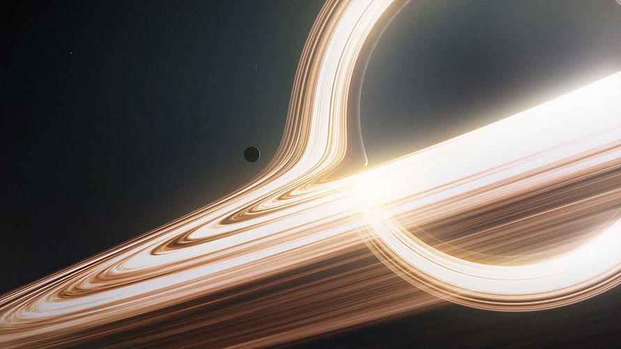 Gargantua Black Hole with Glowing Accretion Disk and Orbital Ring in Deep Space HD wallpaper