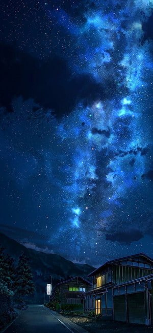 Starry Night Sky Over Traditional Japanese Village With Milky Way HD phone wallpaper