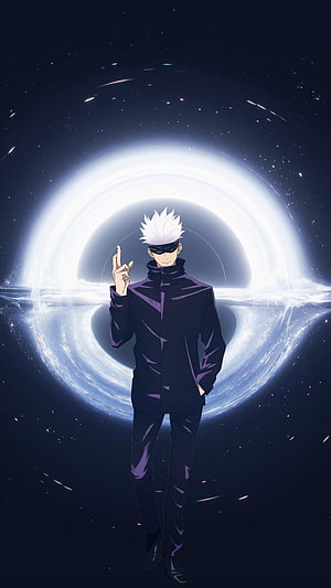 Satoru Gojo from Jujutsu Kaisen standing confidently in front of a swirling cosmic black hole with white hair and blindfold HD phone wallpaper