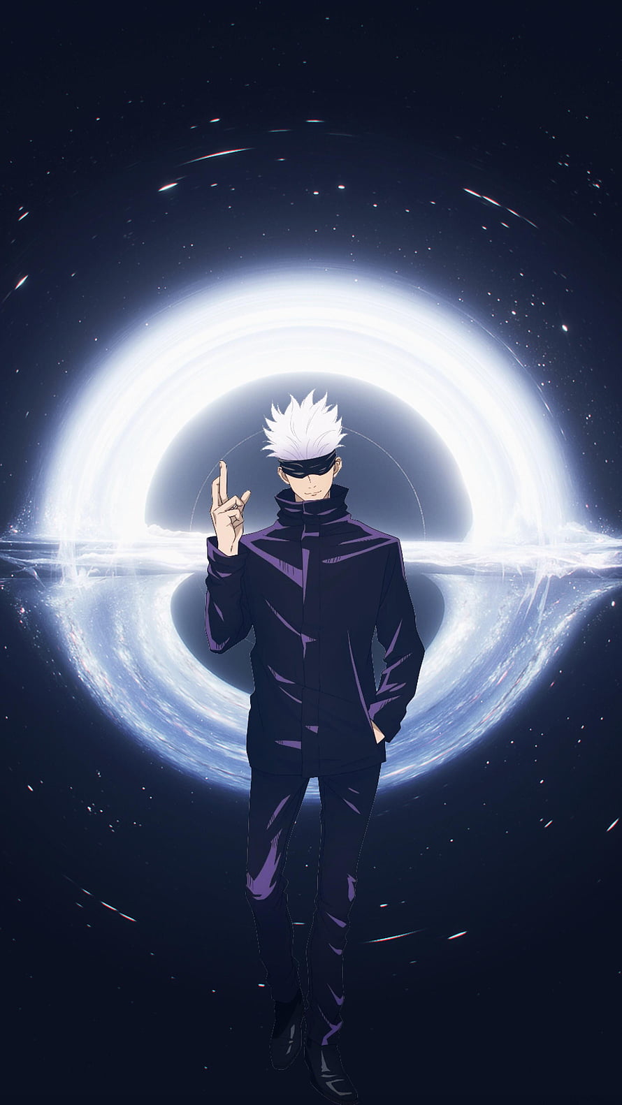 Satoru Gojo from Jujutsu Kaisen standing confidently in front of a swirling cosmic black hole with white hair and blindfold HD phone wallpaper