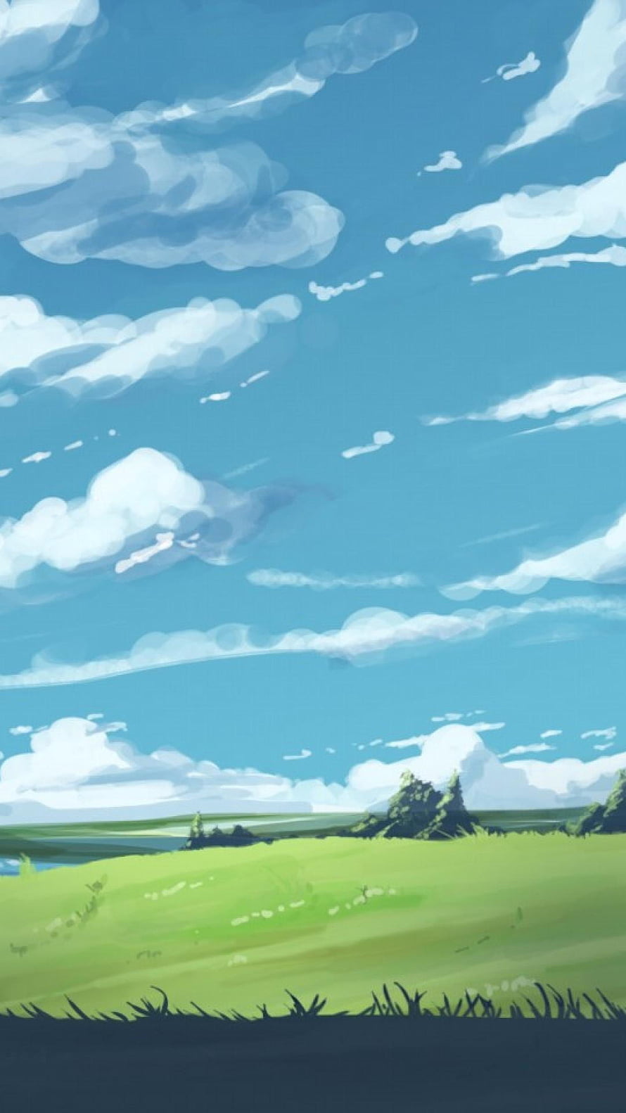 Serene Anime Landscape With Blue Sky And Fluffy White Clouds Over Green Hills HD phone wallpaper
