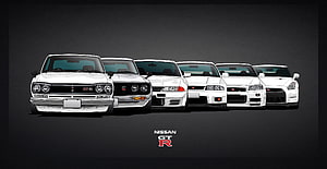 Evolution of the Nissan GT-R: A Lineup of White Generations from S30 to R35 HD wallpaper