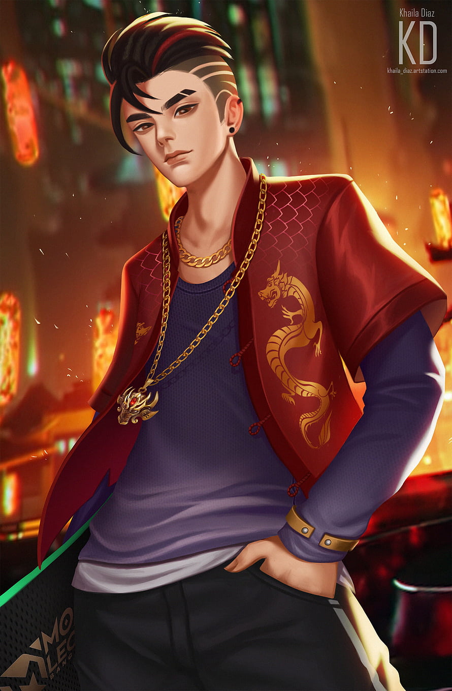 Chou from Honor of Kings in a red dragon-embroidered jacket with gold chains against a neon-lit city backdrop HD phone wallpaper