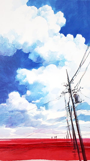 Anime Style Red Field Landscape With Blue Sky And Clouds HD phone wallpaper
