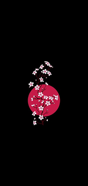 Minimalist Cherry Blossom Branches Against Red Circle on Black Background HD phone wallpaper