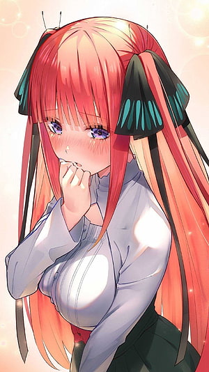 Nakano Nino Anime Character Portrait with Red Hair and Black Ribbons HD phone wallpaper