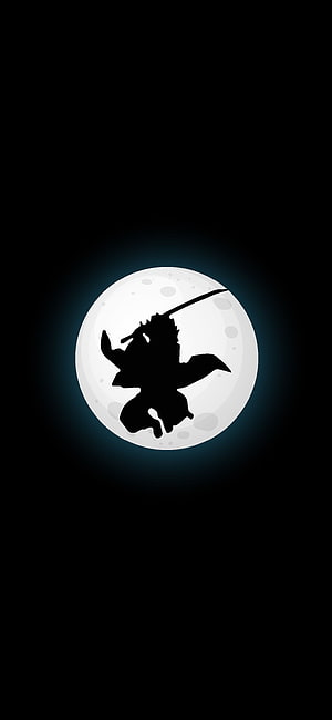 Silhouette of a Ninja Warrior Jumping with Katana Against a Full Moon HD phone wallpaper