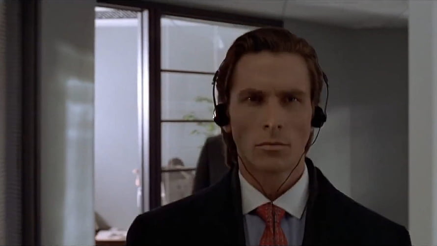 Christian Bale as Patrick Bateman in American Psycho wearing a headset in an office setting, Patrick Bateman in Heads, #patrick bateman HD wallpaper