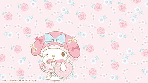 My Melody in a pink bonnet holding a heart on a floral background HD wallpaper