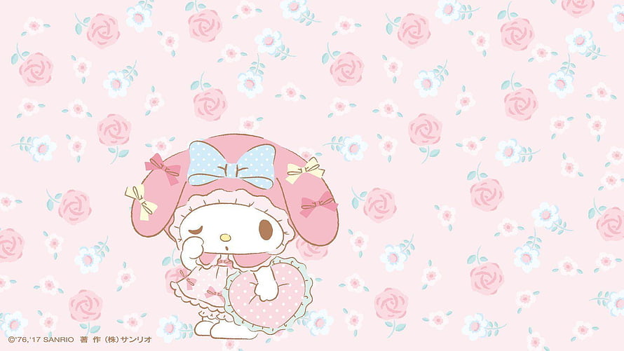 My Melody in a pink bonnet holding a heart on a floral background HD wallpaper