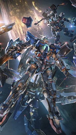 Gundam Wing Zero Custom Battle Scene in Space with Debris and Explosions HD phone wallpaper