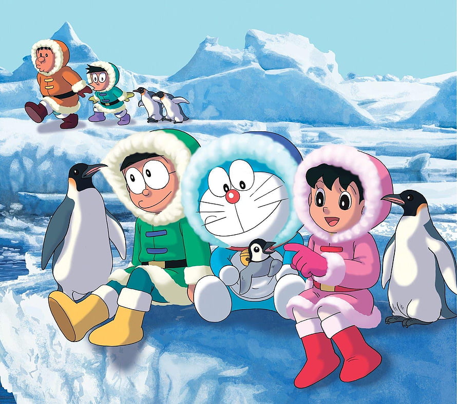 Doraemon, Nobita, and Shizuka in Winter Parkas with Penguins on Iceberg HD wallpaper