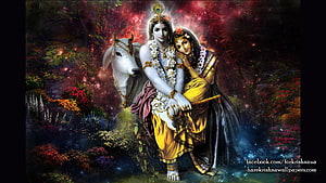 Radha Krishna with White Horse in Vibrant Floral Garden HD wallpaper