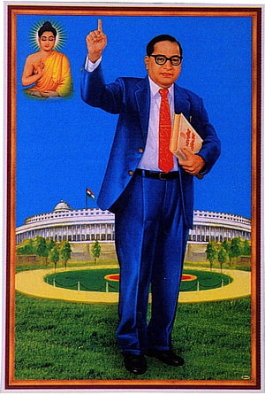 Portrait of B.R. Ambedkar Standing Before Parliament House with Buddha and Constitution Book HD phone wallpaper