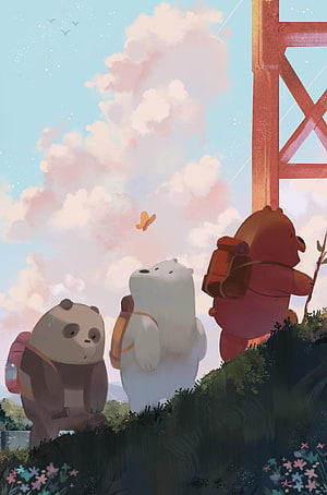 We Bare Bears trio hiking with backpacks under a pastel sky near a red bridge tower HD phone wallpaper