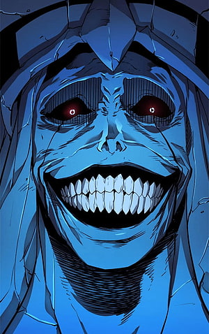 Creepy Blue Demon Face With Glowing Red Eyes And Wide Grin HD phone wallpaper