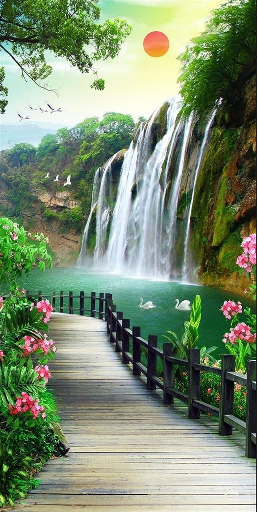 Serene Waterfall Landscape With Wooden Boardwalk And Pink Flowers HD phone wallpaper