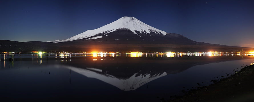 Mount Fuji Night View Reflected in Lake Kawaguchi with City Lights HD wallpaper