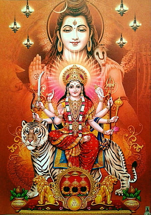 Goddess Durga Sitting on Tiger with Lord Shiva Background Hindu Deity Art HD phone wallpaper