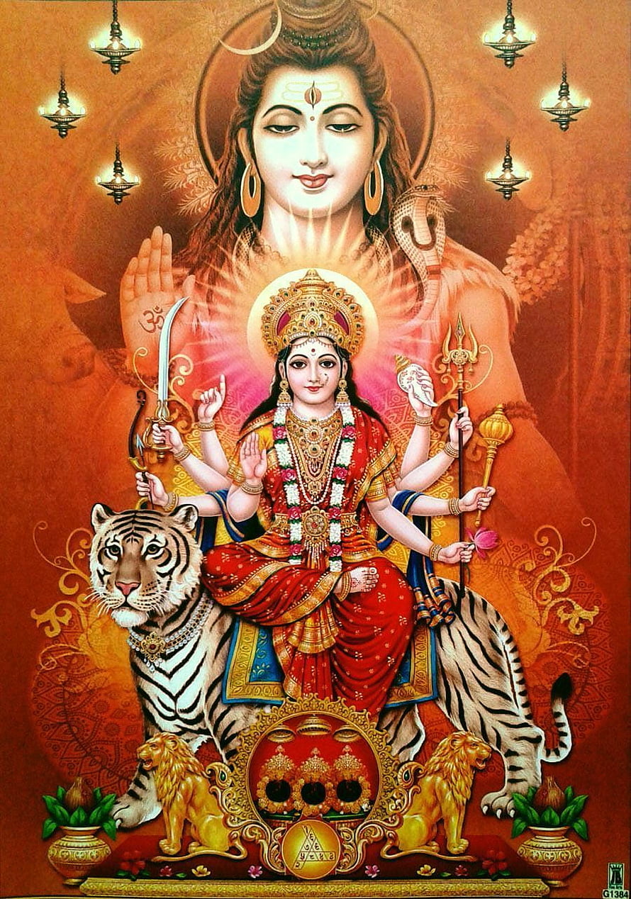 Goddess Durga Sitting on Tiger with Lord Shiva Background Hindu Deity Art HD phone wallpaper